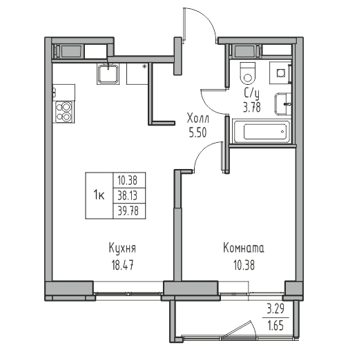 2-к eвро 39.5 м²