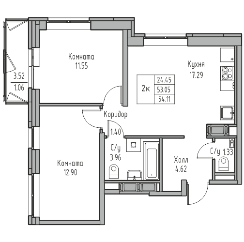 3-к eвро 53.7 м²