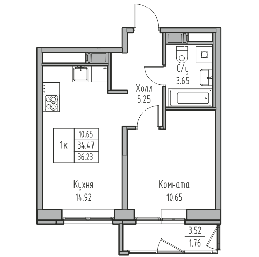 2-к eвро 36.7 м²