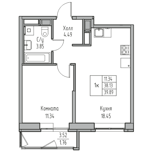 2-к eвро 40.6 м²