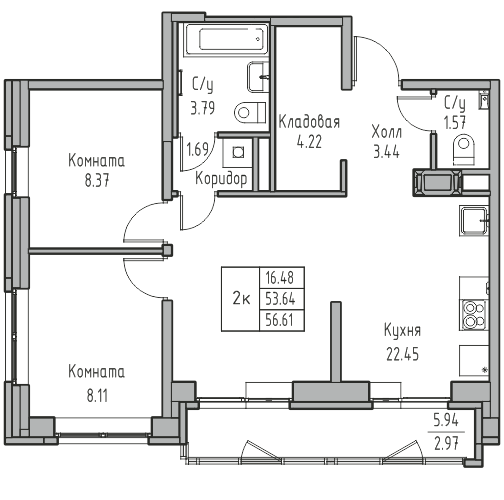 3-к eвро 56.8 м²