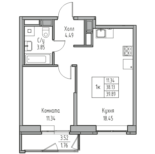 2-к eвро 40.7 м²