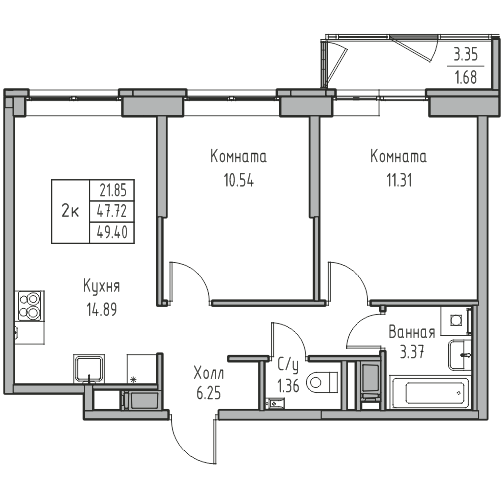 3-к eвро 49.6 м²