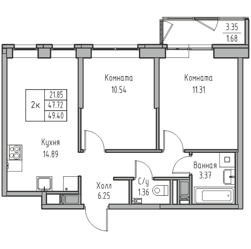 3-к eвро 49.7 м²