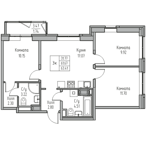 4-к eвро 63.4 м²