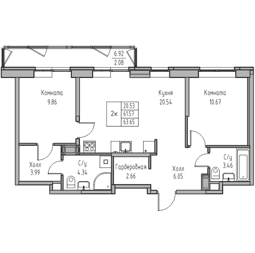 3-к eвро 63.6 м²