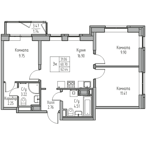 4-к eвро 62.9 м²