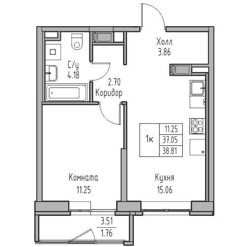 2-к eвро 38.6 м²