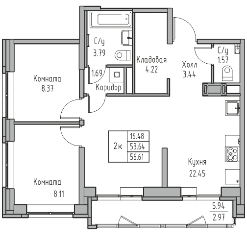 3-к eвро 56.5 м²
