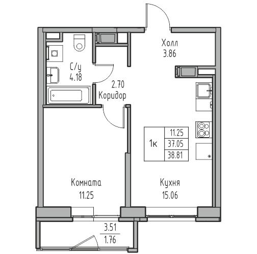 2-к eвро 38.6 м²