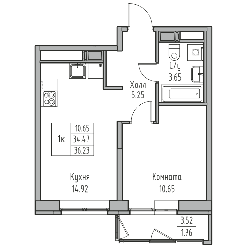 2-к eвро 36.7 м²