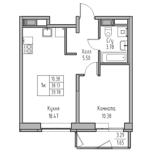 2-к eвро 39.8 м²