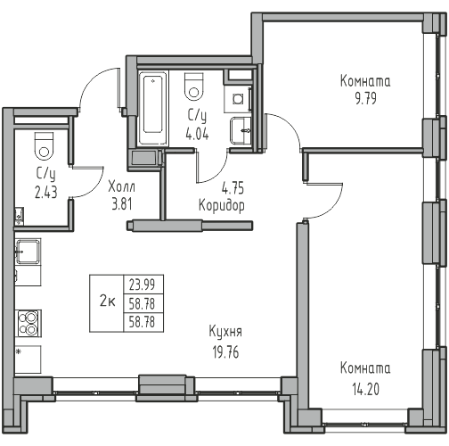 3-к eвро 59.2 м²