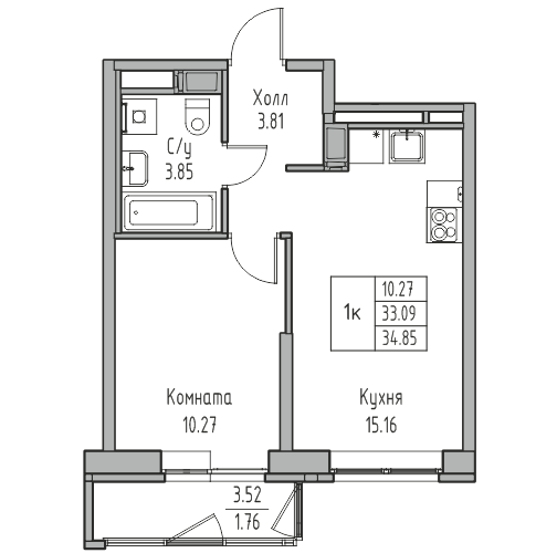 2-к eвро 34.8 м²