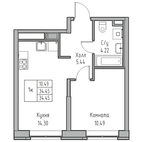 2-к eвро 34.8 м²