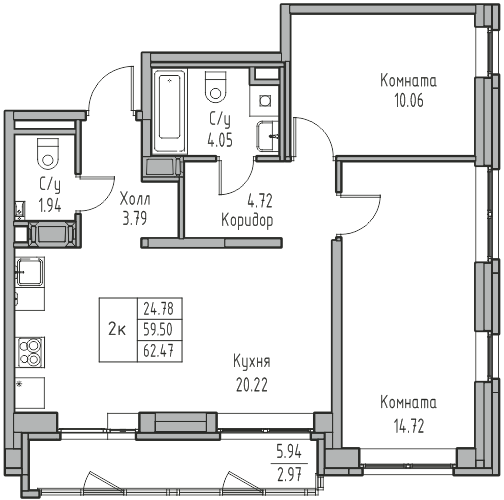 3-к eвро 62.2 м²