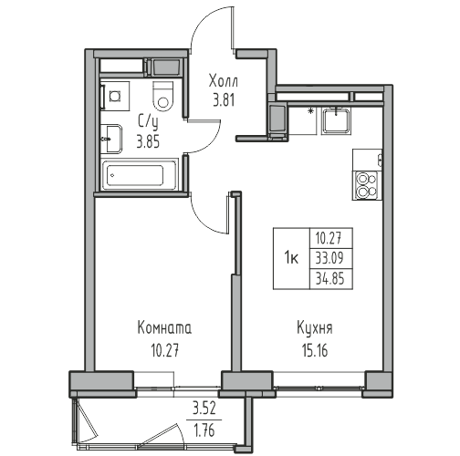 2-к eвро 34.8 м²