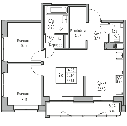 3-к eвро 56.8 м²