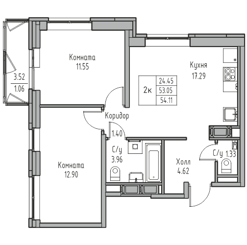 3-к eвро 54 м²
