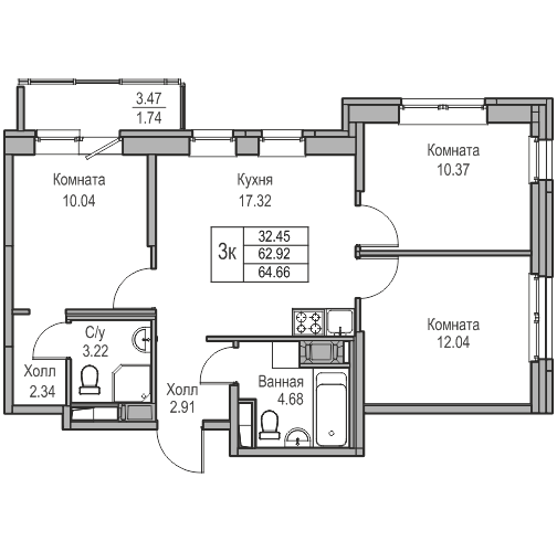 4-к eвро 63.7 м²