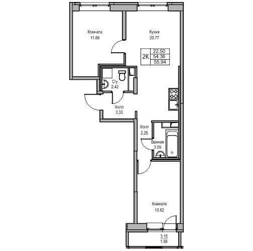 3-к eвро 55.4 м²