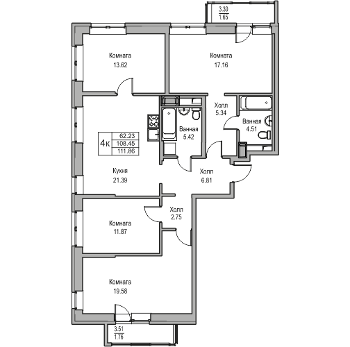 4-комнатная 111.1 м²