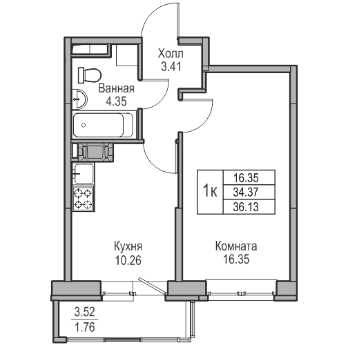 1-комнатная 36.3 м²