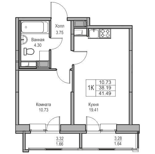 2-к eвро 41.5 м²