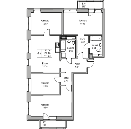 4-комнатная 110.7 м²