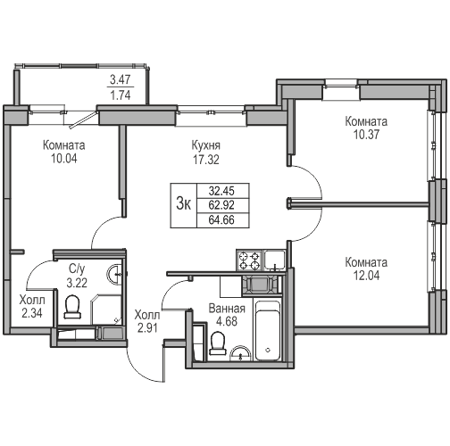 4-к eвро 63.4 м²